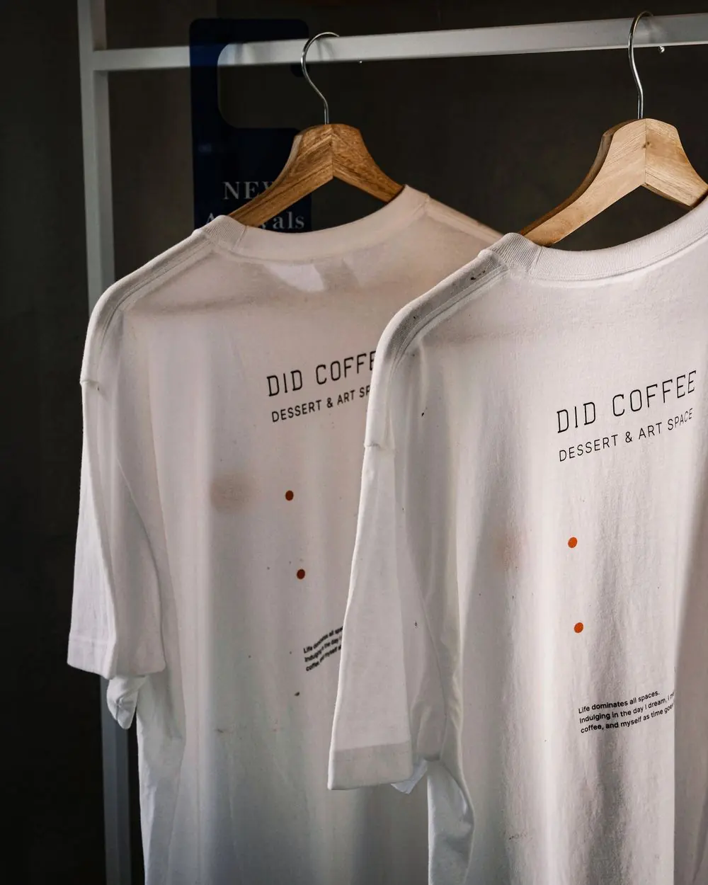 Reference photo 2: white T-shirts with back print on wooden hangers — t-shirts we manufacture and export in bulk
