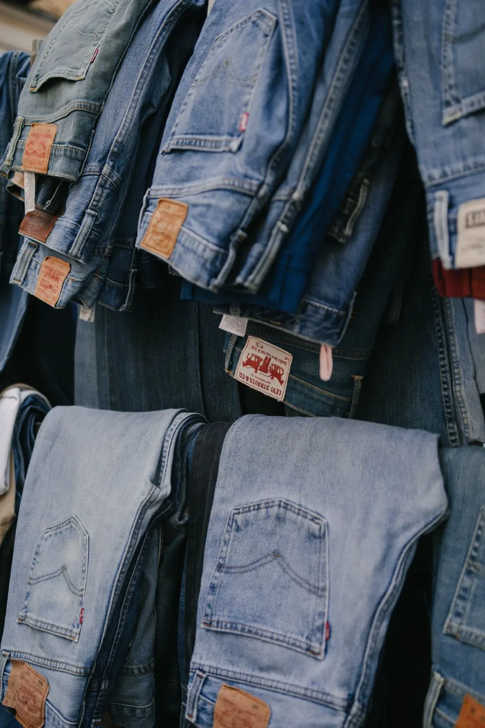 Reference photo 2: jeans and trousers hanging in a shop — trousers & cargo pants we manufacture and export in bulk to United States